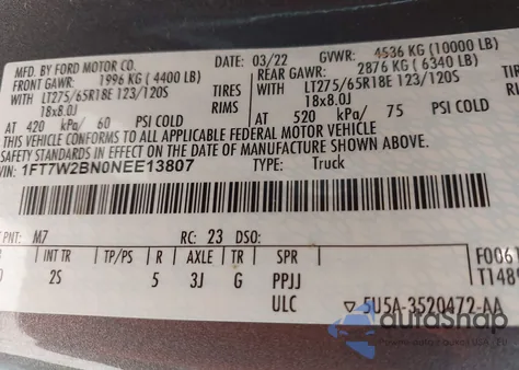 2022 Ford F-250 Xlt from USA, damaged, VIN 1FT7W2BN0NEE13807